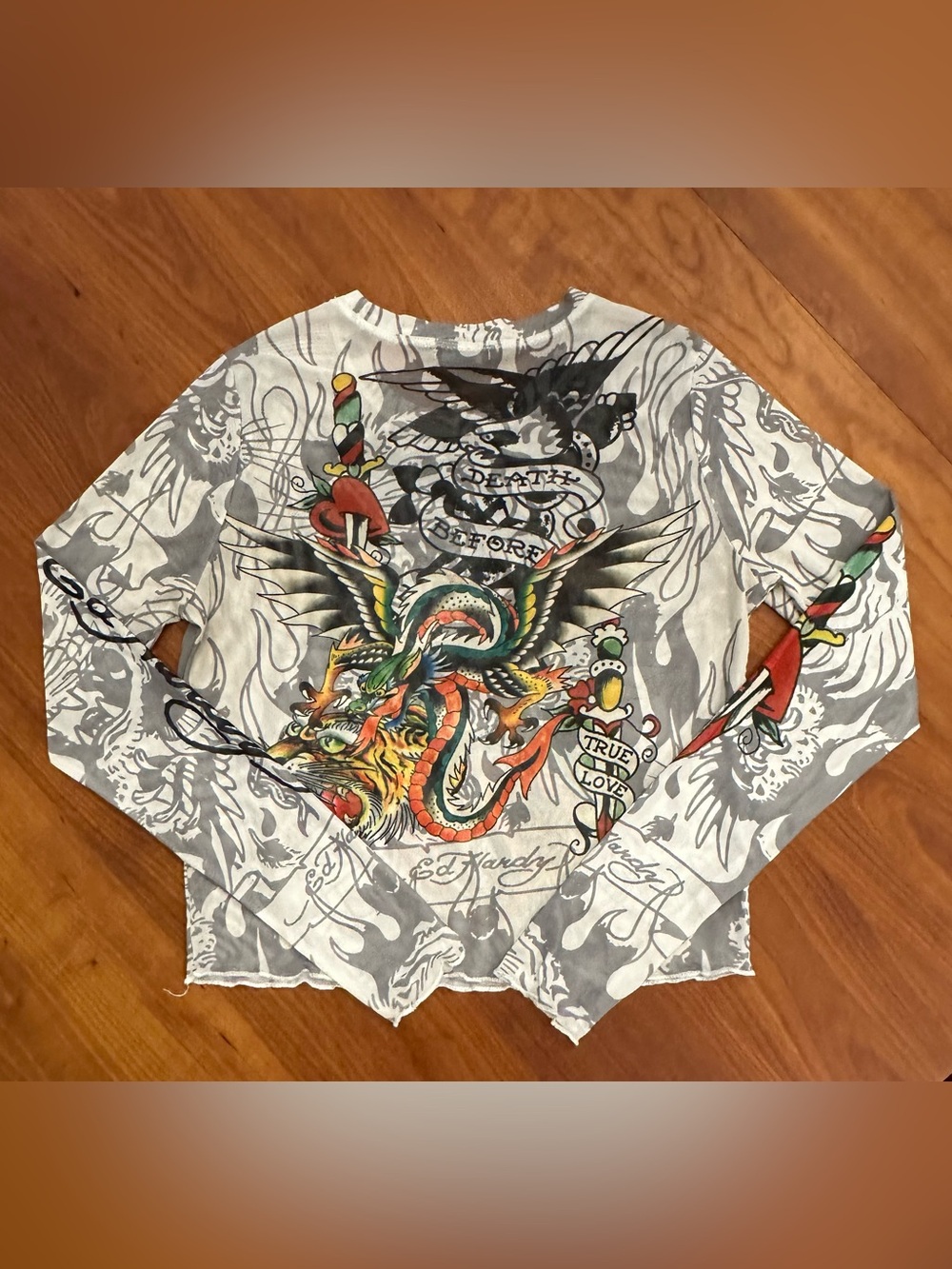 Ed Hardy Dragon Dagger White Mesh Long Sleeve Crop Top. Size L - Picture 5 of 11